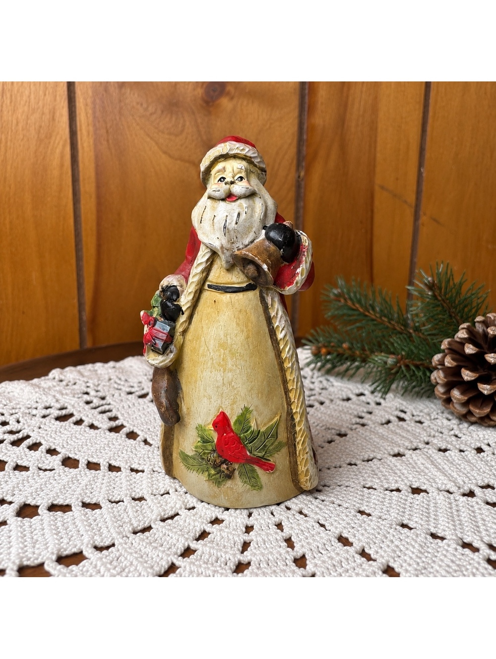 Santa Claus Figurine With Cardinal and Bell Molded Resin Christmas Decor 5 Inch